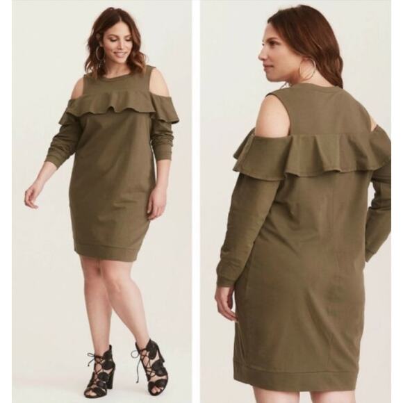 torrid Dresses & Skirts - NEW Torrid Cold Shoulder Olive Green Ruffles Sweater Dress Size 2X